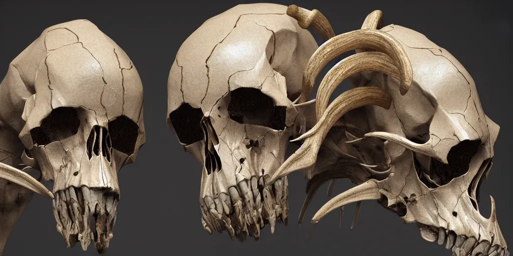 Prompt: photorealistic strange sculpture made of ram skulls, horse skulls, goat skulls. occult photorealism, uhd, amazing depth, glowing, golden ratio, 3 d octane cycle unreal engine 5, volumetric lighting, cinematic lighting, cgstation artstation concept art