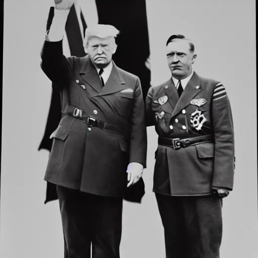Image similar to world War 2 portrait of a very happy Donald Trump standing next to Adolf Hitler, black and white photography, shot by Annie Leibovitz, 4k, 8k, highly detailed