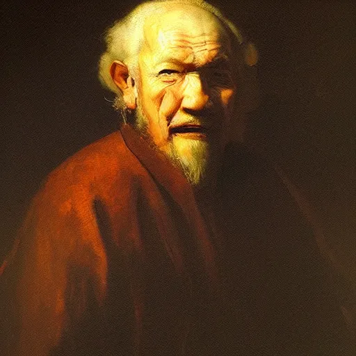 Prompt: high quality oil painting portrait of old priest by Rembrandt and Raymond Swanland, dark background, high fantasy, perfect lighting