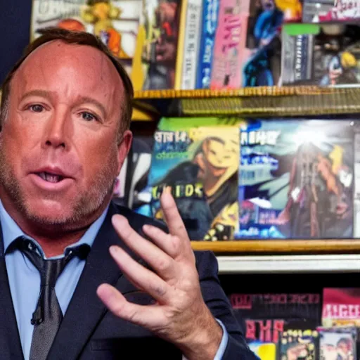 Image similar to alex jones shows off his anime collection.