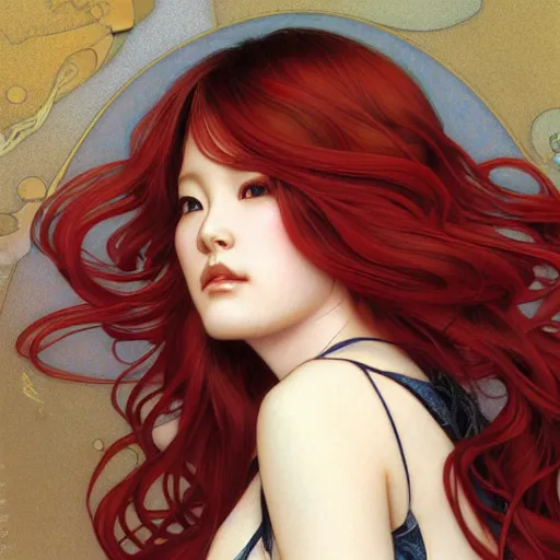 Image similar to portrait of Asuka Soryu with red long wavy hair drawn by Donato Giancola and Tom Bagshaw and Julie Bell, face by Artgerm, overall design by Alphonse Mucha, background by James Jean and Gustav Klimt, 4k, porcelain skin, komorebi, french nouveau, trending on artstation, octane render, hyperrealistic