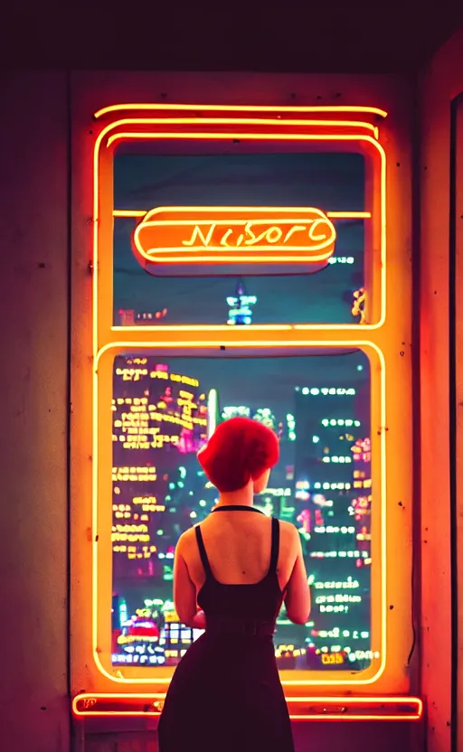 Image similar to vertical portrait of girl in 5 0's retro restaurant interior, neon - decorated urban on night in the city seen through the window, modern interior design, architectural design, vintage, night blade runner, dark, postapocalyptic, clean lines, 4 k, octane, asian futuristic city at distance, big windows, octane, wide angle