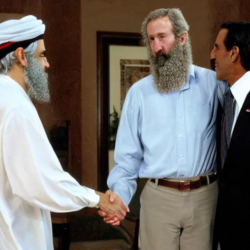 Image similar to george w bush shaking hands with osama bin laden, 8k cinematic lighting, very sharp detail, anatomically correct