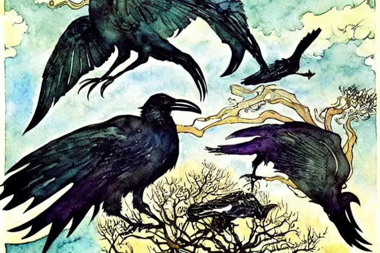 Prompt: six ravens flying art by kay nielsen and walter crane, illustration style, watercolor