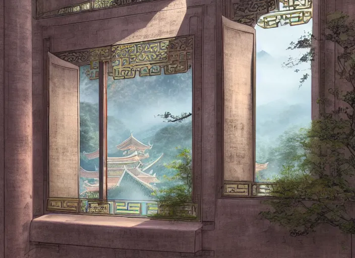 Image similar to view through window, magnificent city in ancient china in late spring, flowers will fade, some fog, realistic style, high details, scene concept., trending on artstation