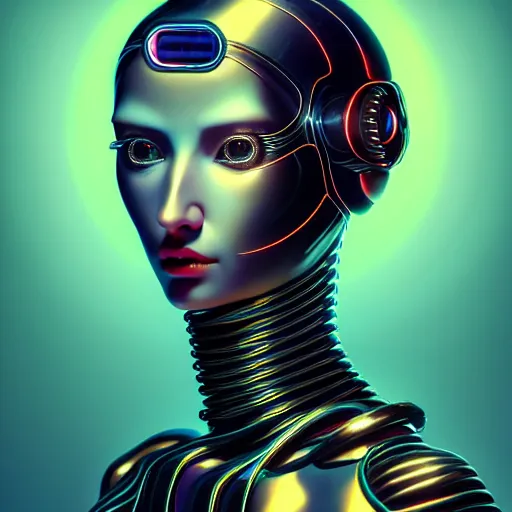 Image similar to Colour aesthetic Caravaggio style full body Photography of Highly detailed beautiful cybertronic alienWoman with 1000 year old detailed face wearing highly detailed retrofuturistic sci-fi Neural interface designed by Hiromasa Ogura . In style of Josan Gonzalez and Mike Winkelmann and andgreg rutkowski and alphonse muchaand and Caspar David Friedrich and Stephen Hickman and James Gurney and Hiromasa Ogura. Rendered in Blender and Octane Render volumetric natural light