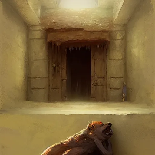 Prompt: a warg sleeping on a mat in a corner of a adobe house, torchlit, concept art by marc simonetti and christophe vacher, trending on artstation