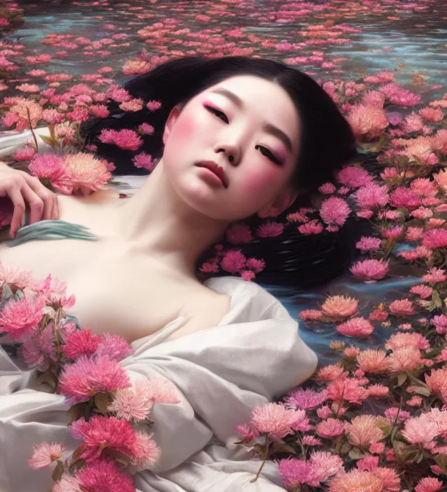 Image similar to baroque portrait of a geisha woman of porceline skin lying down in a river made of thousand of flowers, cinematic lighting, photorealistic, octane render, 8 k, depth of field, art by artgerm and greg rutkowski and alphonse mucha and uang guangjian