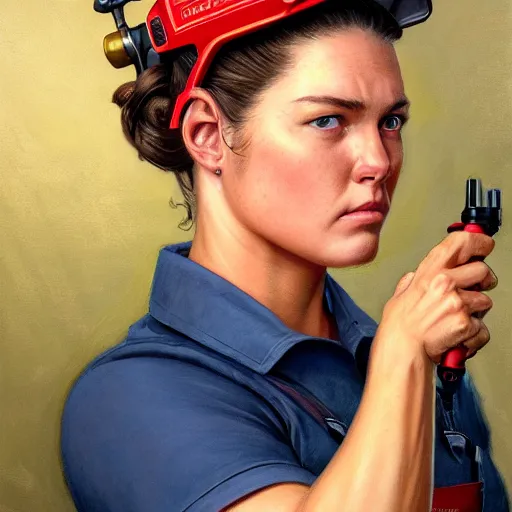 Image similar to epic portrait a slightly muscular woman wearing short sleeved uniform and carrying a red power tool drill, detailed, centered, digital painting, artstation, concept art, donato giancola, Joseph Christian Leyendecker, WLOP, Boris Vallejo, Breathtaking, 8k resolution, extremely detailed, beautiful, establishing shot, artistic, hyperrealistic, beautiful face, octane render