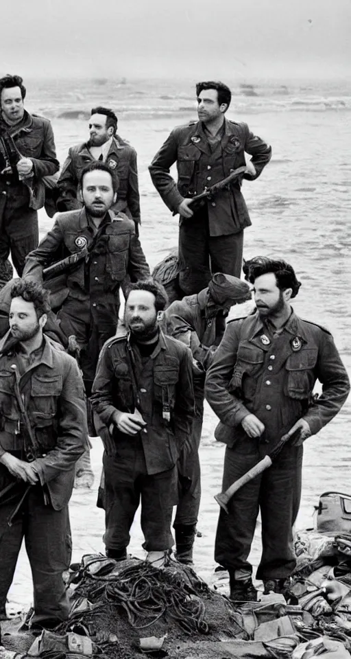 Image similar to charlie day, rob mcelhenney, glenn howerton, kaitlin olson, and danny devito are storming the beaches of normandy, 1 9 4 5, black and white, horrorscape