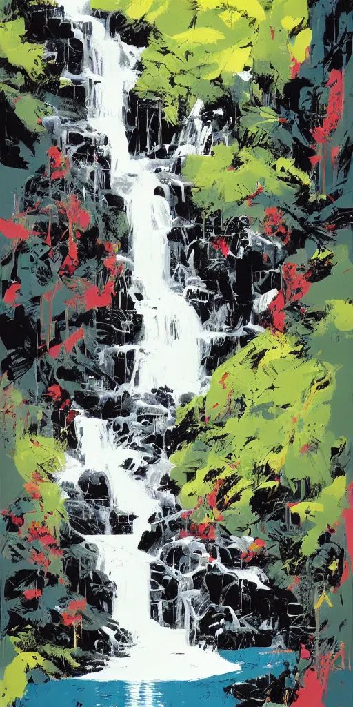 Prompt: lush vibrant waterfall, ashley wood illustration