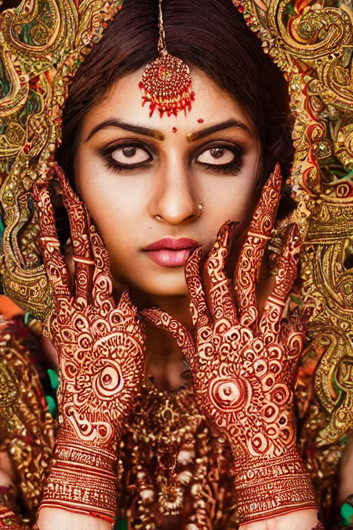 Prompt: a portrait of an indian bride, intricate henna tattoos and jewelery, dynamic pose, close - up, intricate details, intricately detailed clothing and textures, warm lighting, vivid colors, realistic octane render, hyper realistic render, volumetric shading, depth of field, raytracing, 8 k,