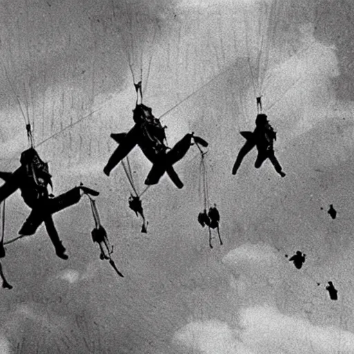 Prompt: grainy 1800s photo of a cybernetic paratroopers parachuting out of mechanical flying machines into a city