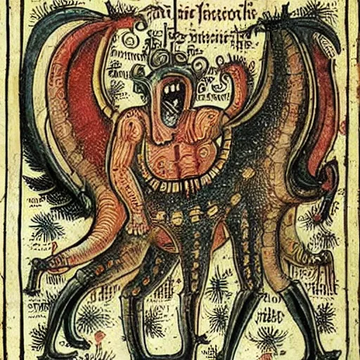 Prompt: medieval bestiary filled with uncanny grotesque beasts and freaky creatures