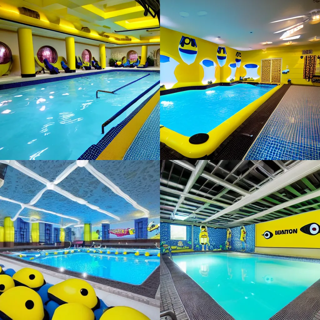 Prompt: a minion-themed indoor pool with cheap fluorescent lighting and low render distance