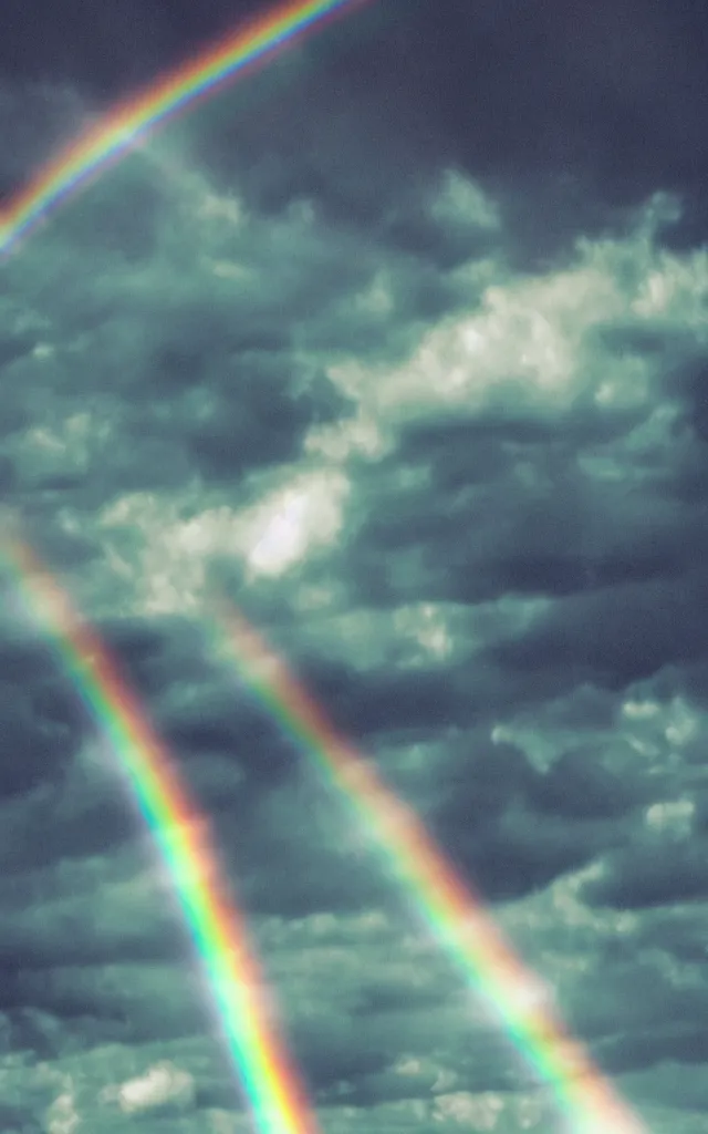 Prompt: dark night dramatic airbrushed clouds over black background, light gleams and beams, little green flares, dim rainbow in the distance, photography fantasy, realistic