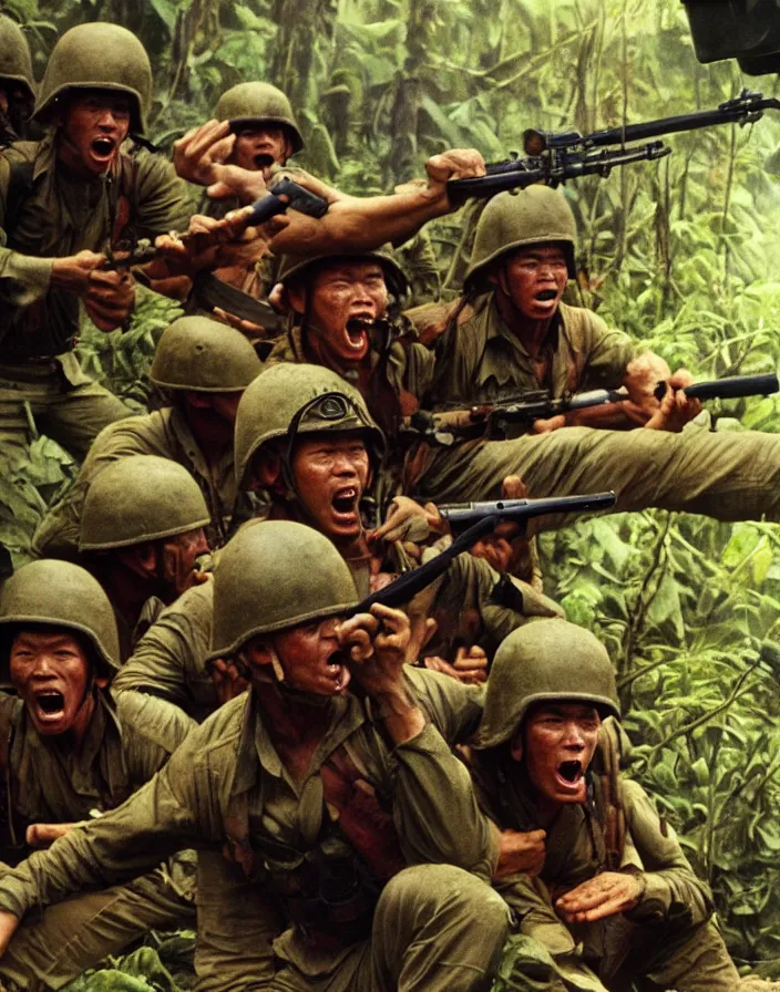 Image similar to Vietnam war scene with a few american soldiers into the jungle, extreme close up of an american soldier screaming with a hand besides his mouth, boixcar style, book cover art, movie still, cinematic lighting, art by Frank Frazetta and Alex Ross, award-winning masterpiece with incredible and beautiful details digital art, trending on artstation, smooth, sharp focus HD, 4K