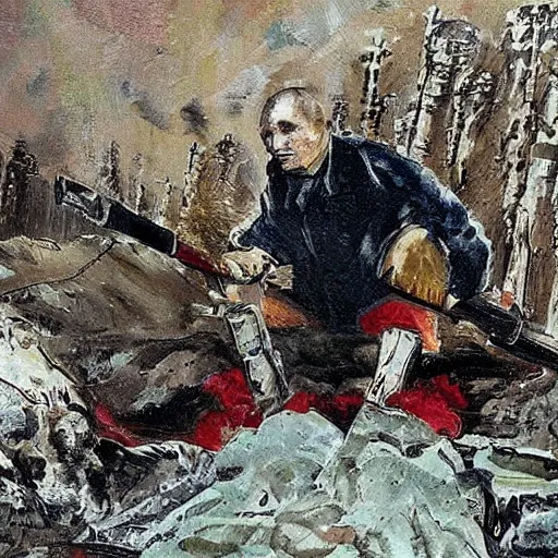 Image similar to Putin is sitting in the trenches and defending himself from Ukrainian troops, Retro futuristic painting style