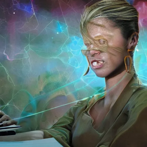 Prompt: UHD hyperrealistic photorealistic detailed image of a woman yellingat her computer screen in rage while reading some text, on the screen is a chat program with a green undertone by Ayami Kojima Amano Karol Bak, Greg Hildebrandt and Mark Brooks