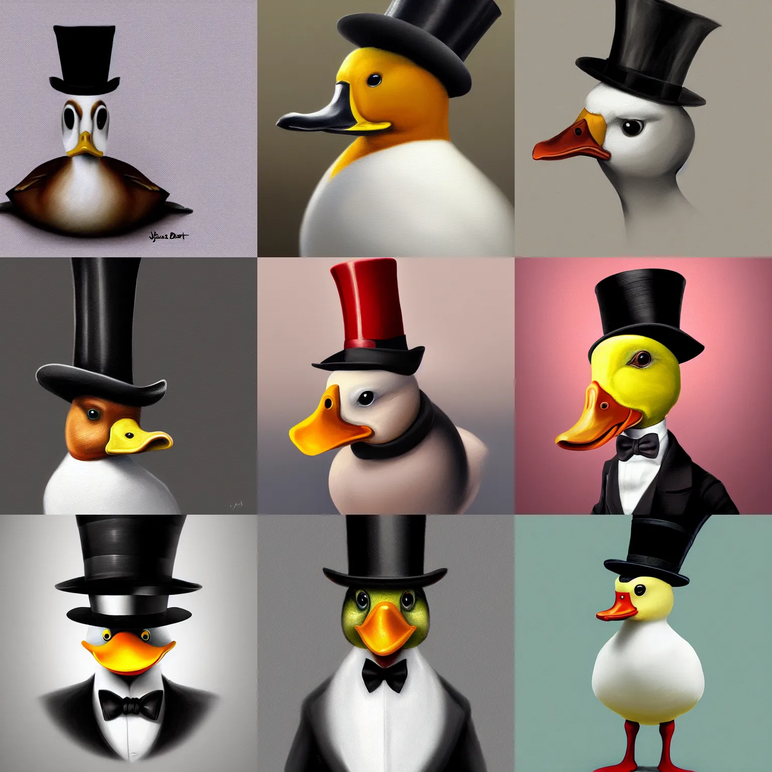 Prompt: a painting of a duck wearing a top hat, a digital painting by Jacob Duck, cgsociety, digital art, deviantart hd, speedpainting, zbrush