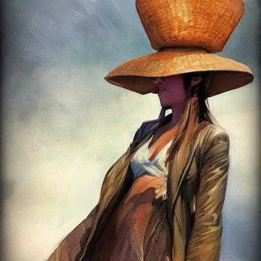 Prompt: woman with a giant, ridiculous hat, by jon foster