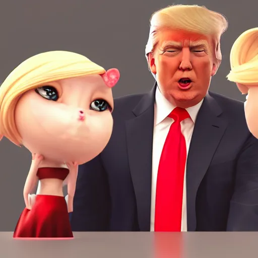 Image similar to Donald Trump with uwu girl body, realistic artstyle, wide shot, dramatic lighting, octane render, hyperrealistic, high quality, highly detailed, HD, beautiful, cinematic, 8k, unreal engine, facial accuracy, symmetrical