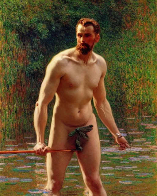 Image similar to handsome philospher wading through a river, reflective water,!!! pants!!! painting by tom of finland, gaston bussiere, craig mullins, j. c. leyendecker, claude monet