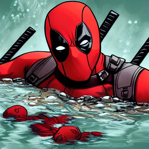 Image similar to Deadpool in a pool of Deadpools, comic art, digital art, detailed, professional