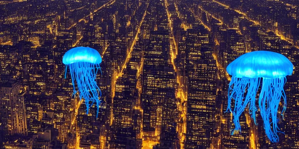 Image similar to flying blue jellyfish over nyc at night, wide city shot, beautiful lighting, soft and detailed,