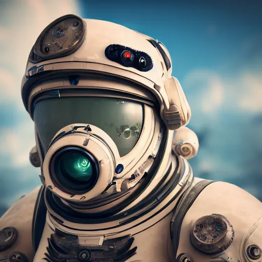 Image similar to portrait photography of a white steampunk space engineer suit, in an desert alien planet, ultra detail, beautiful light, high detail, 8 k, f / 2. 8, octane render