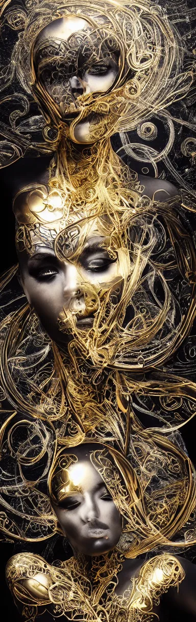 Prompt: pencil drawing illustration, gold bodypaint, neobrutalistic, digital abstract sculpt of beautiful female body and black swirling latex acrylic portrait, black latex sculpt, minimalism, mechanical superstructure, strong wind, sacred geometry, 8 k, cinematic, magic hour, beautiful light, sculpture of carving marble, dark colors, filigree ornaments, one point light, clockwork skull