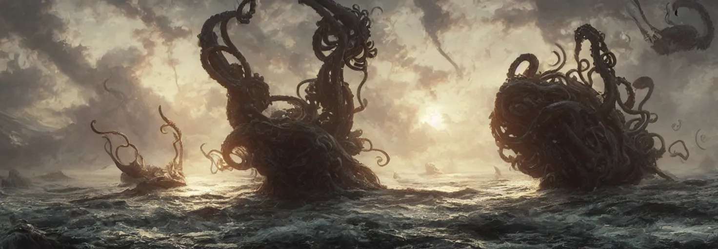 Image similar to kraken destroy Sailing ship, tentacles rising from the sea, magic the gathering art, art by greg rutkowski, fantasy rpg