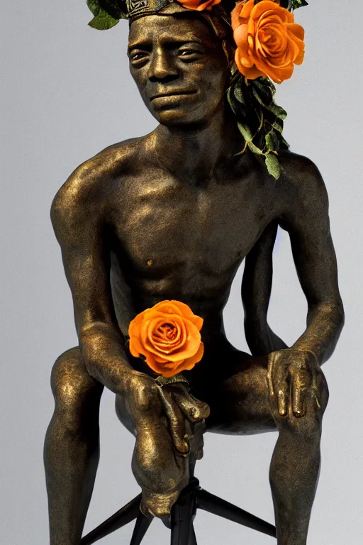 Image similar to a full-body bronze statue of Jean-Michel Basquiat sitting and thinking, wearing a rococo crown of peach roses, 3d octane render