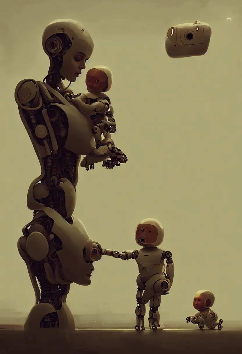 Image similar to female robot, holding young baby, dystopian, future, digital painting, concept art, golden ratio, rule of thirds, by wlop and stalenhag