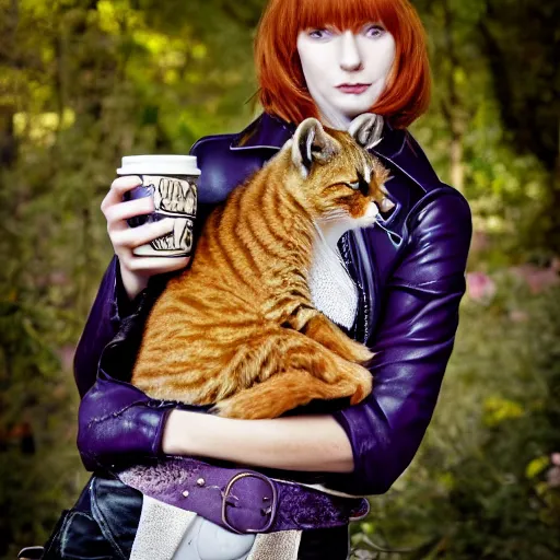 Image similar to a photo by arbus of a slender beautiful woman with straight ginger hair and bangs, wearing purple leathers and gold helmet, posing with large ginger tabby and raccoon on a motorcycle in her front yard, holding coffee mug and toasted brioche bun, fashion photography, dramatic lighting, 8 5 mm lens