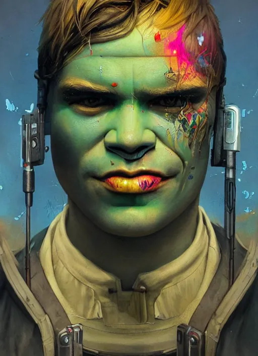 Prompt: beautiful portrait of Lofi cyberpunk Shrek, by Tristan Eaton, Stanley Artgermm, Tom Bagshaw, Greg Rutkowski, Carne Griffiths. trending on DeviantArt, face enhance, hyper detailed, trending on Artstation, 8k, masterpiece, graffiti paint, fine detail, full of color, intricate detail, golden ratio illustration