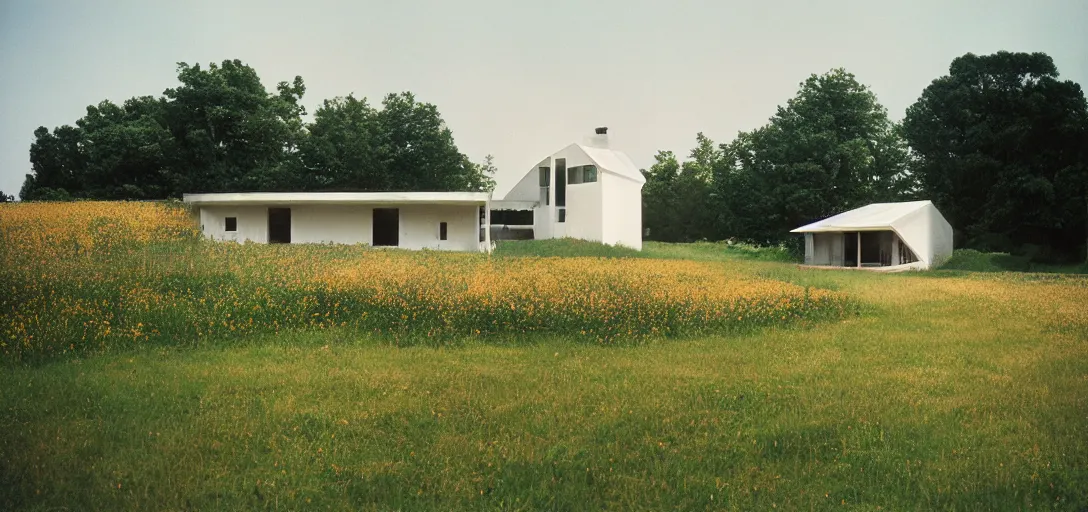 Image similar to farmhouse designed by buckminster fuller. landscape design by salvador dali. fujinon premista 1 9 - 4 5 mm t 2. 9. portra 8 0 0.