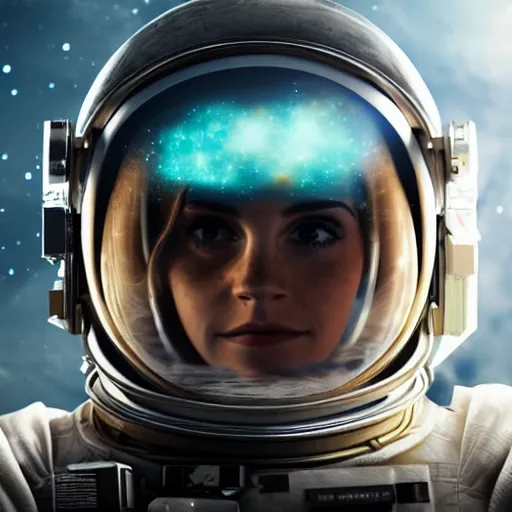 Image similar to excited emma watson's face inside astronaut's helmet, reflecting stars and galaxies, high detail, smooth, sharp focus, cgsociety, artstation, illustration, unreal engine, 8 k, 4 k