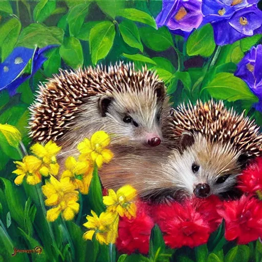 Prompt: masterpeice painting of baby hedgehogs sleeping in flowers by james gurney