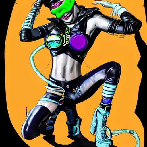 Image similar to a cybergoth woman wearing goggles and eccentric jewelry by jamie hewlett :: full body character concept art, detailed