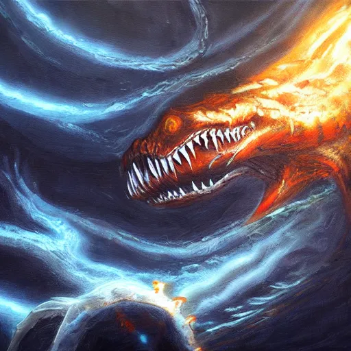 Image similar to Leviathan, glowing eyes, 8k, trending on artstation, high detail, oil painting