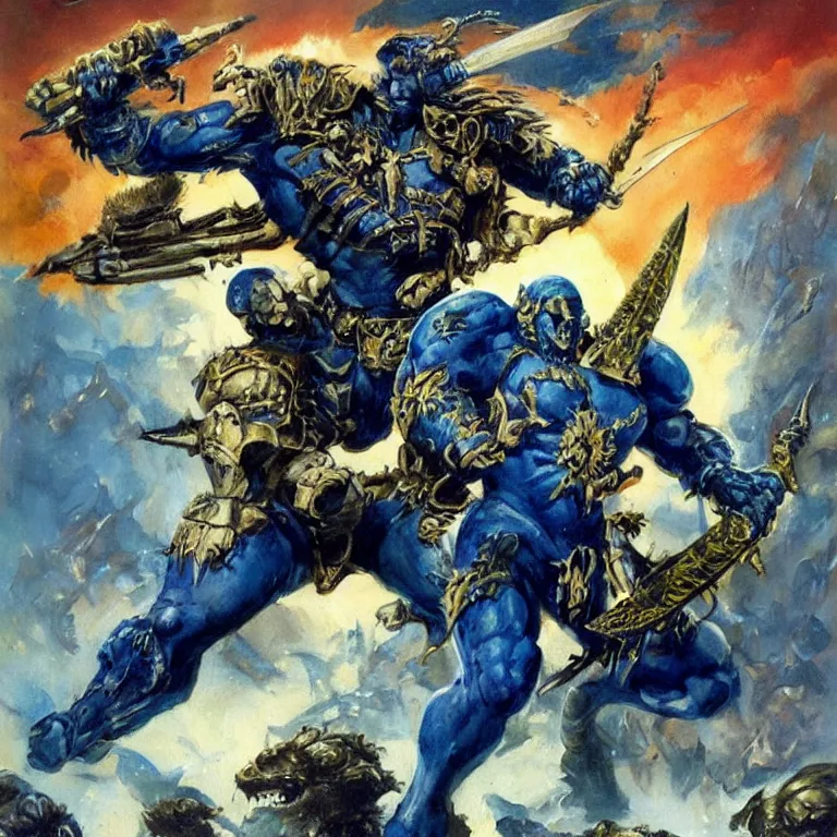 Prompt: a beautiful painting in the style of frank frazetta of a warhammer 4 0, 0 0 0 ultramarine holding a chainsword on top of a pile of dead ork greenskins