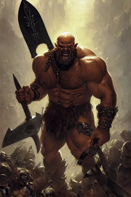 Prompt: tattooed, muscled half - orc barbarian champion with a full dark beard and steely eyes surrounded by spirits wielding a jagged axe portrait dnd, painting by gaston bussiere, craig mullins, greg rutkowski, yoji shinkawa