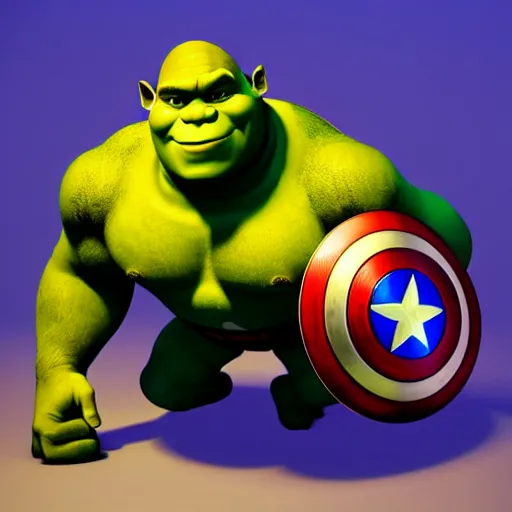 Image similar to digital painting of Shrek as Captain America, octane render, volumetric lightening, by marvel