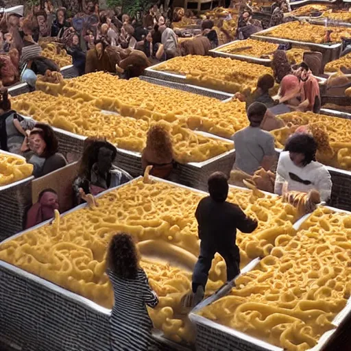 Prompt: a gathering of people trying to escape a dystopian city by climbing over a huge wall of mac n' cheese. still frame from a sci-fi movie.