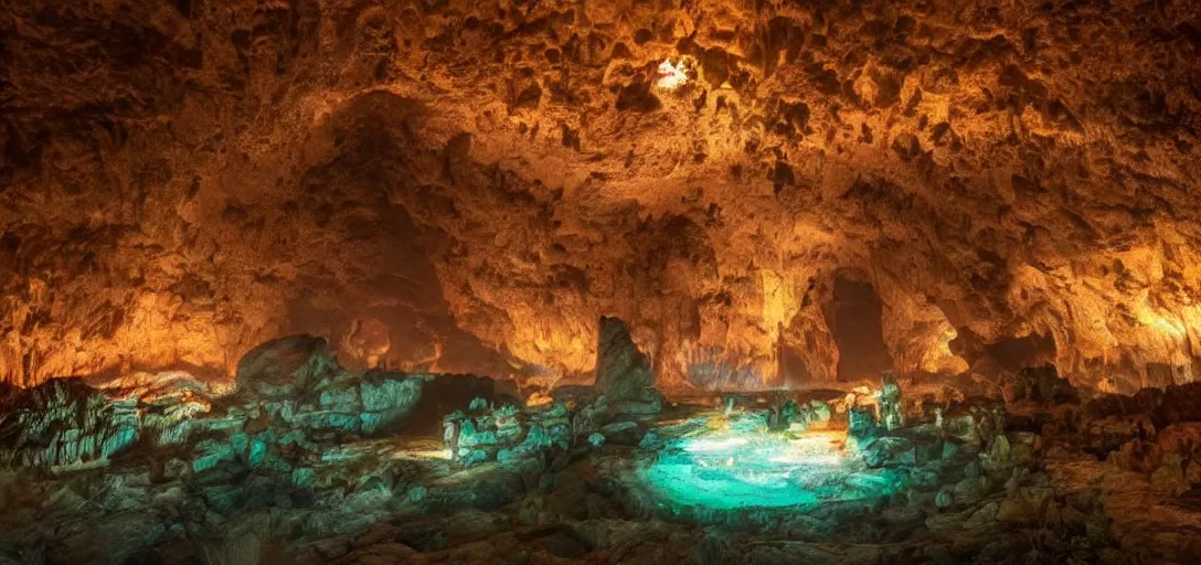 Prompt: a stunning, dreamlight shining fantasy world in a huge underground cave, fabulous, ultrarealistic