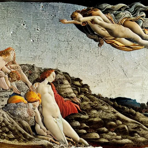 Prompt: the first landing on the moon, paited by botticelli