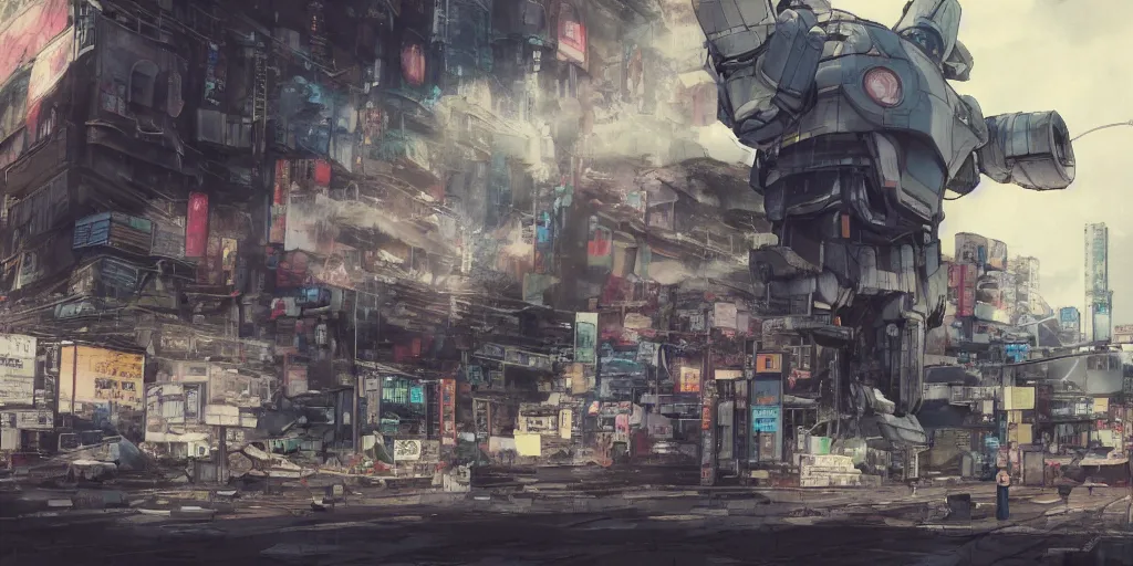 Image similar to a giant robot mecha lies broken in a deserted shinjuku junk town, anime, watercolor, ghost in the shell, soft bloom lighting, paper texture, movie scene, cyberpunk, animatronic, black smoke, pale, beige sky pencil marks, hd, 4k, remaster, dynamic camera angle, deep 3 point perspective, fish eye, dynamic scene