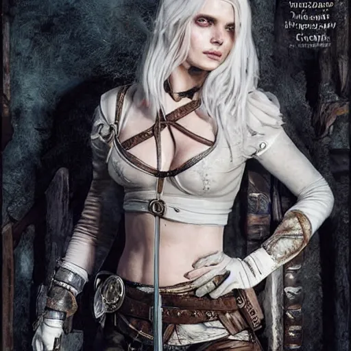 Image similar to Portrait of Abbey Lee as Ciri from The Witcher, brown leather clothes, intricate, elegant, highly detailed, smooth, sharp focus, detailed face, high contrast, dramatic lighting, graphic novel, art by Ardian Syaf and Pepe Larraz,