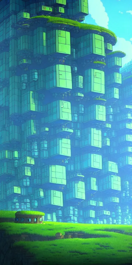 Prompt: a huge blue tiled apartment building of howl's moving castle ghibli, by vincent di fate nausicaa, ghibli, breath of the wild, epic composition, green plants